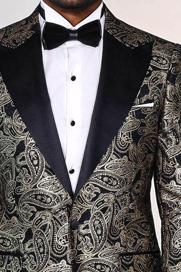Men’s Midnight Black Paisley Patterned Slim Fit Peak Lapel Dinner Jacket