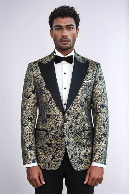 Men’s Midnight Navy Paisley Patterned Slim Fit Peak Lapel Dinner Jacket