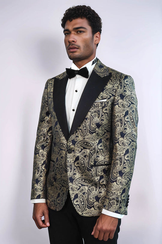 Men’s Midnight Navy Paisley Patterned Slim Fit Peak Lapel Dinner Jacket