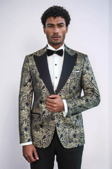 Men’s Midnight Navy Paisley Patterned Slim Fit Peak Lapel Dinner Jacket
