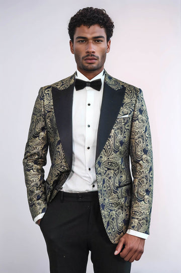 Men’s Midnight Navy Paisley Patterned Slim Fit Peak Lapel Dinner Jacket