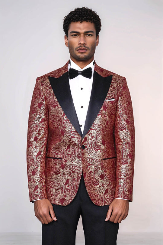 Men’s Deep Burgundy Paisley Patterned Slim Fit Peak Lapel Dinner Jacket