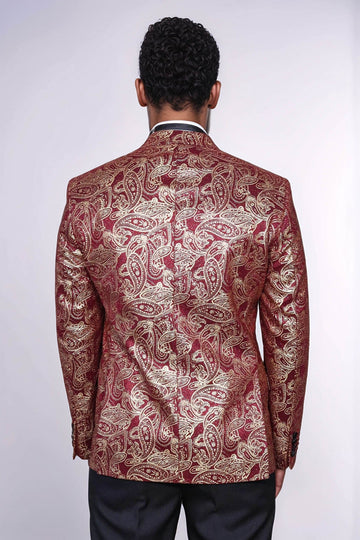 Men’s Deep Burgundy Paisley Patterned Slim Fit Peak Lapel Dinner Jacket