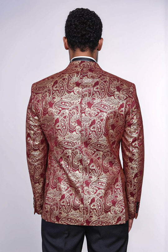 Men’s Deep Burgundy Paisley Patterned Slim Fit Peak Lapel Dinner Jacket
