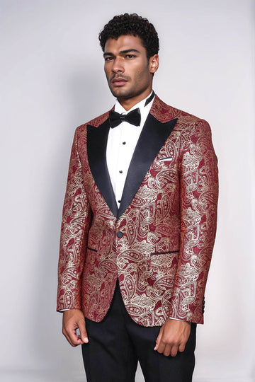 Men’s Deep Burgundy Paisley Patterned Slim Fit Peak Lapel Dinner Jacket