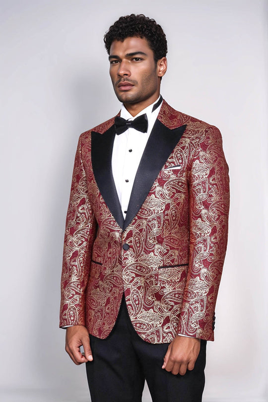 Men’s Deep Burgundy Paisley Patterned Slim Fit Peak Lapel Dinner Jacket