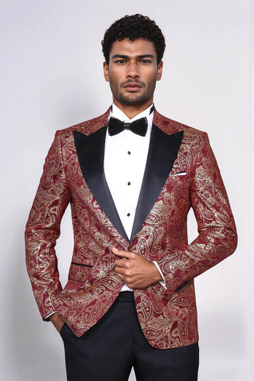 Men’s Deep Burgundy Paisley Patterned Slim Fit Peak Lapel Dinner Jacket