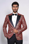 Men’s Deep Burgundy Paisley Patterned Slim Fit Peak Lapel Dinner Jacket