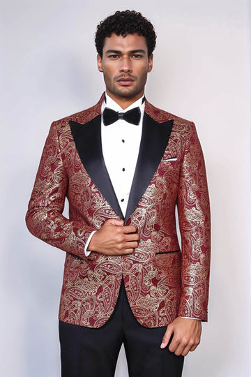 Men’s Deep Burgundy Paisley Patterned Slim Fit Peak Lapel Dinner Jacket