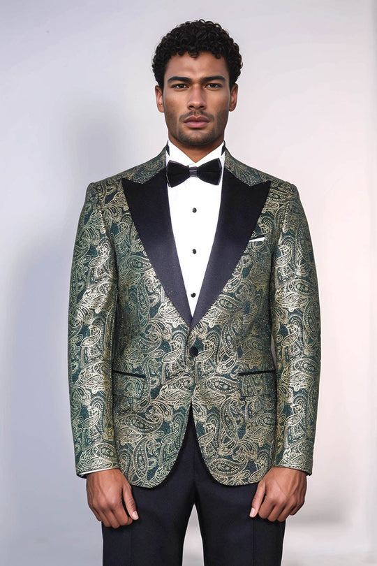 Men’s Emerald Green Paisley Patterned Slim Fit Peak Lapel Dinner Jacket