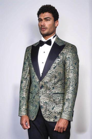 Men’s Emerald Green Paisley Patterned Slim Fit Peak Lapel Dinner Jacket