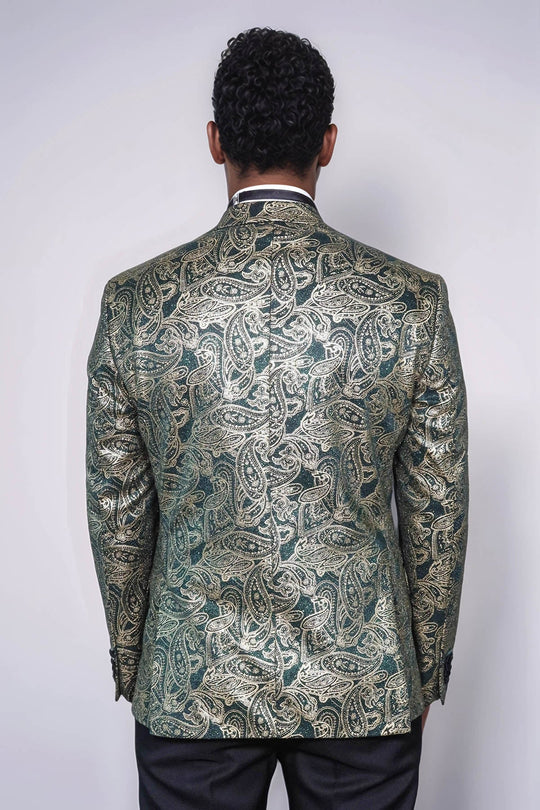 Men’s Emerald Green Paisley Patterned Slim Fit Peak Lapel Dinner Jacket