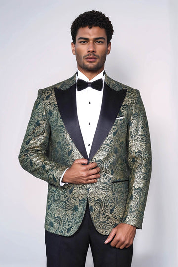 Men’s Emerald Green Paisley Patterned Slim Fit Peak Lapel Dinner Jacket