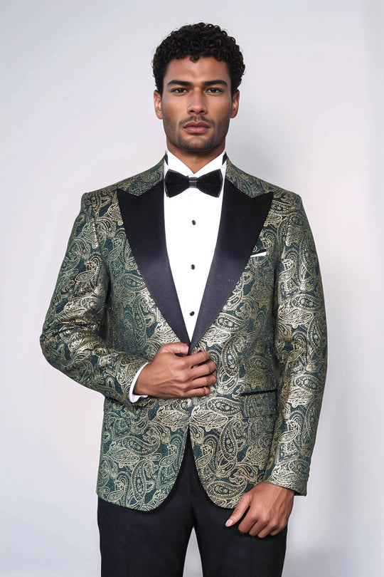 Men’s Emerald Green Paisley Patterned Slim Fit Peak Lapel Dinner Jacket