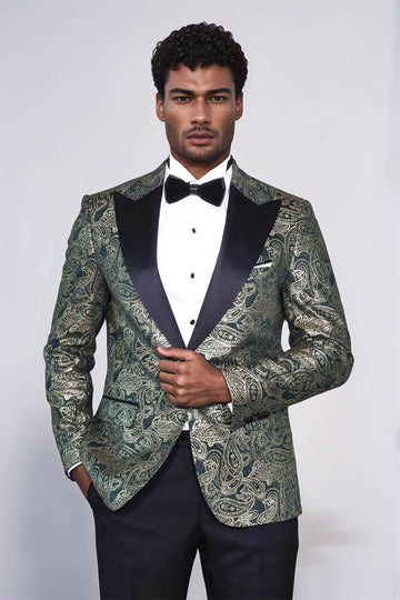 Men’s Emerald Green Paisley Patterned Slim Fit Peak Lapel Dinner Jacket