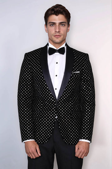 Men’s Midnight Black Shimmering Silver Dot Slim Fit Shawl Lapel Dinner Jacket