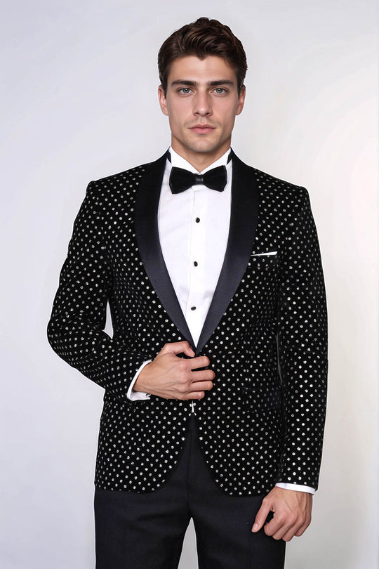 Men’s Midnight Black Shimmering Silver Dot Slim Fit Shawl Lapel Dinner Jacket