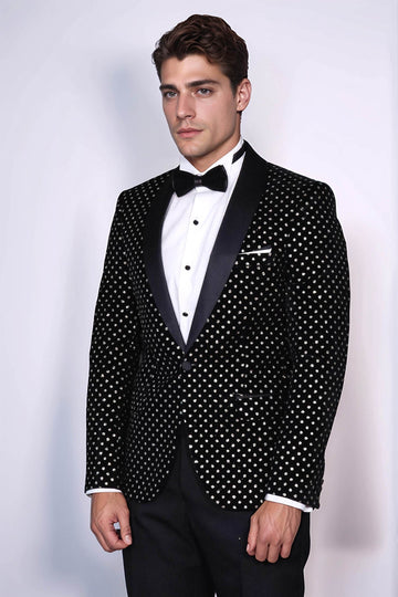 Men’s Midnight Black Shimmering Silver Dot Slim Fit Shawl Lapel Dinner Jacket