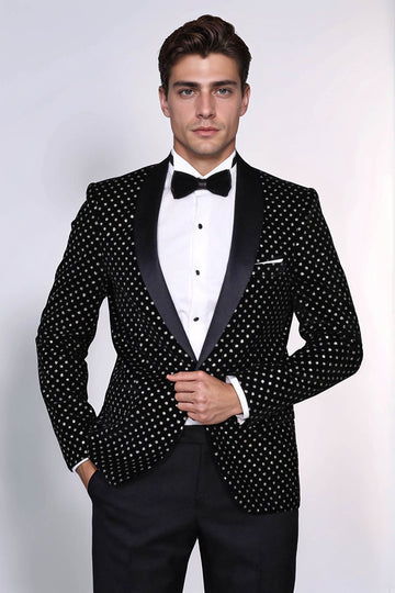 Men’s Midnight Black Shimmering Silver Dot Slim Fit Shawl Lapel Dinner Jacket
