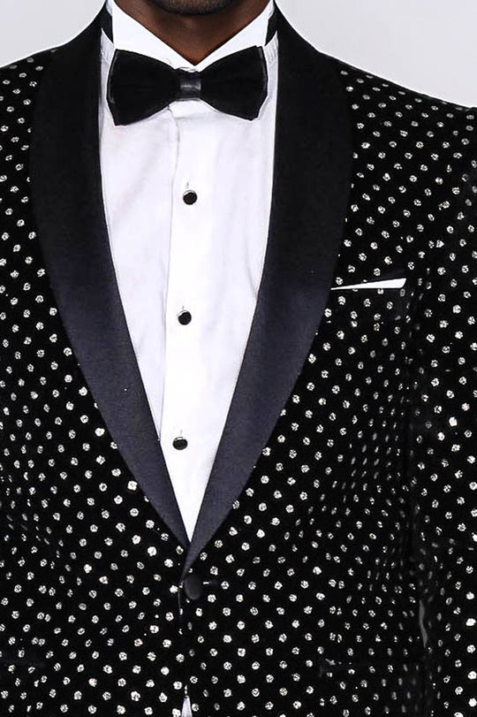 Men’s Midnight Black Shimmering Silver Dot Slim Fit Shawl Lapel Dinner Jacket