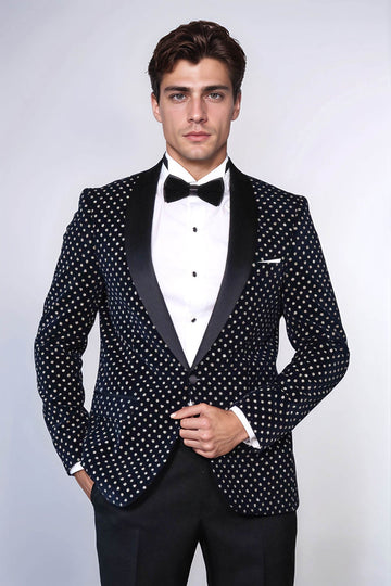 Men’s Midnight Navy Shimmering Dot Slim Fit Shawl Lapel Dinner Jacket