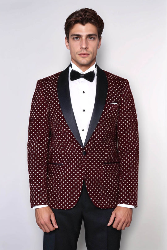 Men’s Deep Burgundy Shimmering Dot Slim Fit Shawl Lapel Dinner Jacket