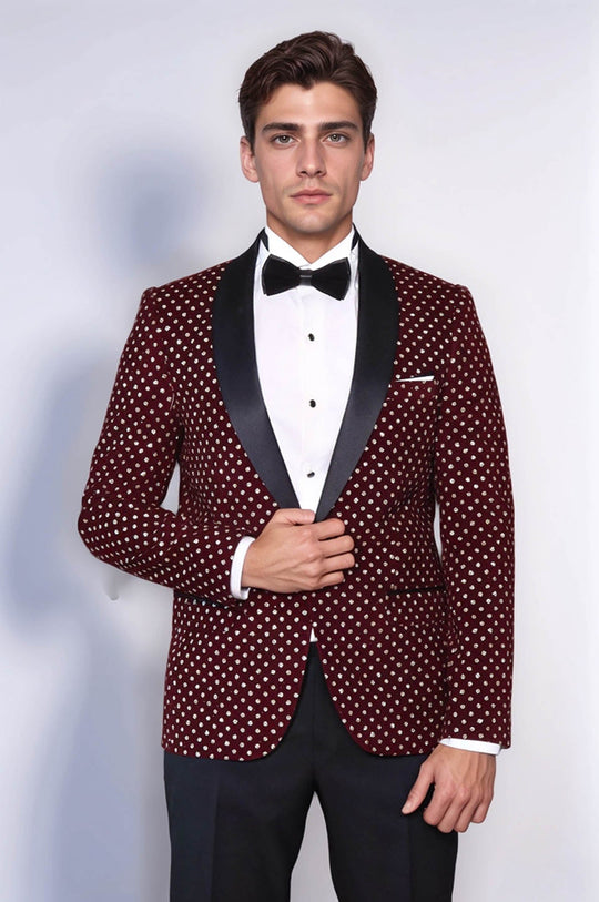 Men’s Deep Burgundy Shimmering Dot Slim Fit Shawl Lapel Dinner Jacket