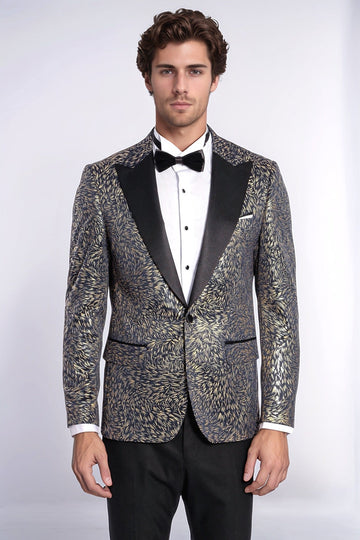 Men’s Midnight Navy Feather Patterned Slim Fit Single Breasted Dinner Jacket