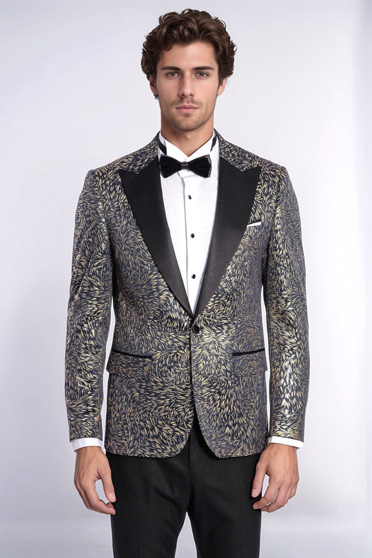 Men’s Midnight Navy Feather Patterned Slim Fit Single Breasted Dinner Jacket