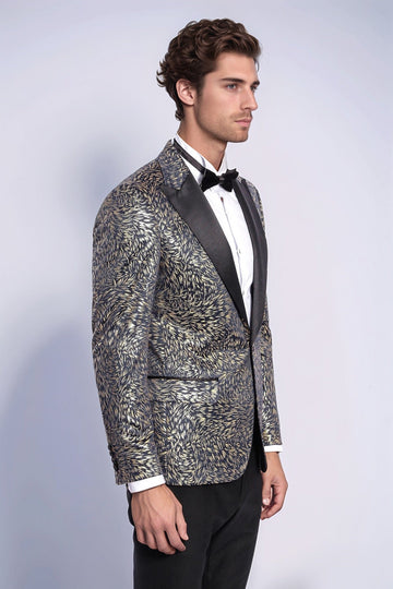 Men’s Midnight Navy Feather Patterned Slim Fit Single Breasted Dinner Jacket