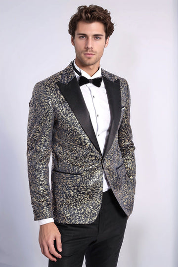 Men’s Midnight Navy Feather Patterned Slim Fit Single Breasted Dinner Jacket