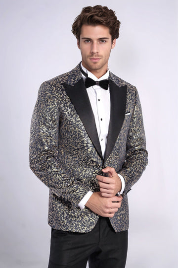 Men’s Midnight Navy Feather Patterned Slim Fit Single Breasted Dinner Jacket