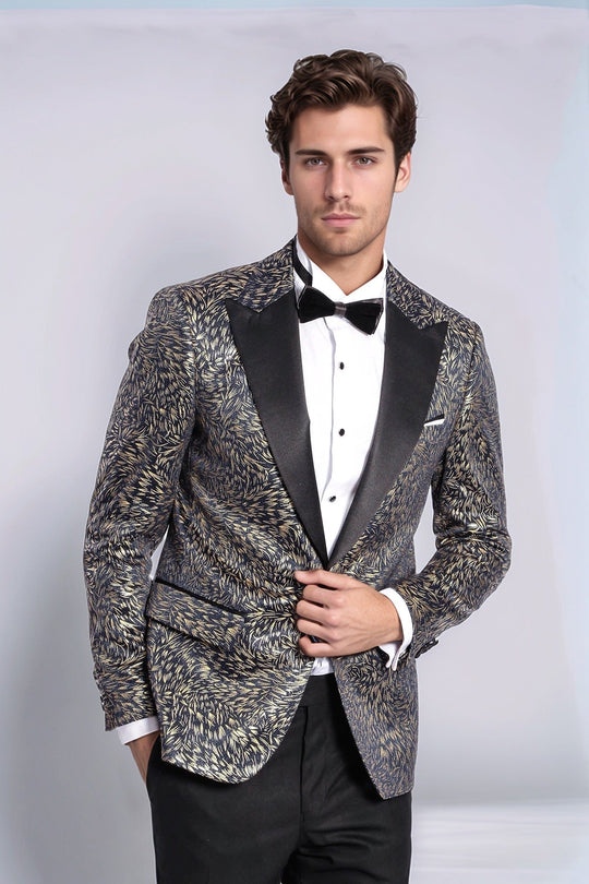 Men’s Midnight Navy Feather Patterned Slim Fit Single Breasted Dinner Jacket