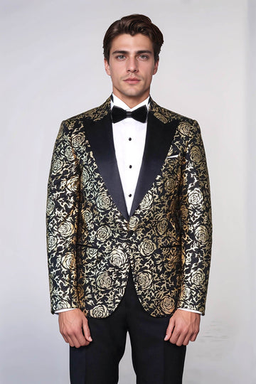 Men’s Midnight Black & Gold Rose Patterned Slim Fit Luxury Dinner Jacket