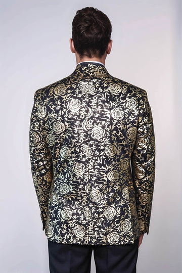 Men’s Midnight Black & Gold Rose Patterned Slim Fit Luxury Dinner Jacket