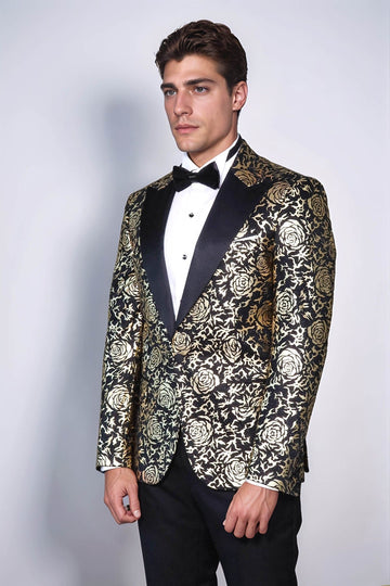 Men’s Midnight Black & Gold Rose Patterned Slim Fit Luxury Dinner Jacket