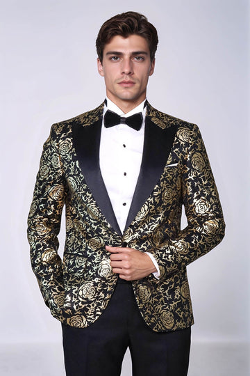 Men’s Midnight Black & Gold Rose Patterned Slim Fit Luxury Dinner Jacket