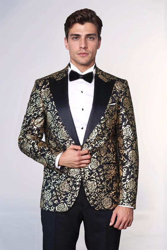 Men’s Midnight Black & Gold Rose Patterned Slim Fit Luxury Dinner Jacket