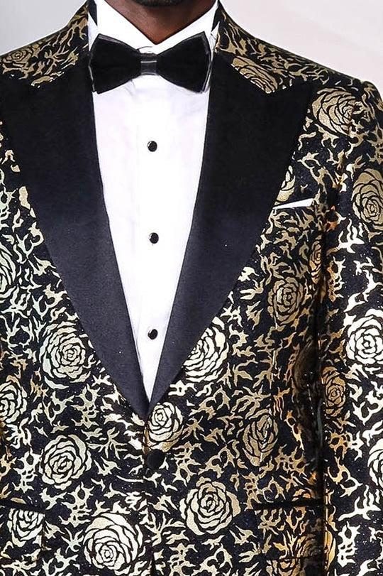 Men’s Midnight Black & Gold Rose Patterned Slim Fit Luxury Dinner Jacket