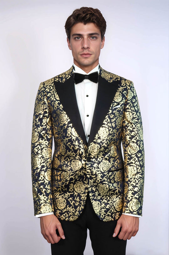 Men’s Midnight Navy & Gold Rose Patterned Slim Fit Luxury Dinner Jacket