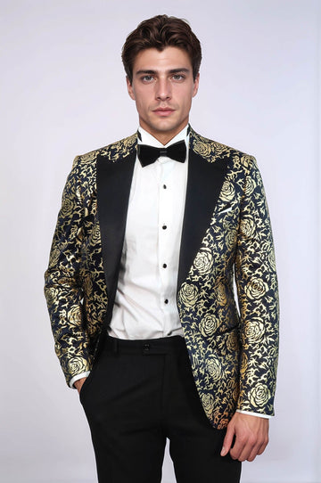 Men’s Midnight Navy & Gold Rose Patterned Slim Fit Luxury Dinner Jacket