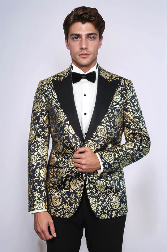 Men’s Midnight Navy & Gold Rose Patterned Slim Fit Luxury Dinner Jacket