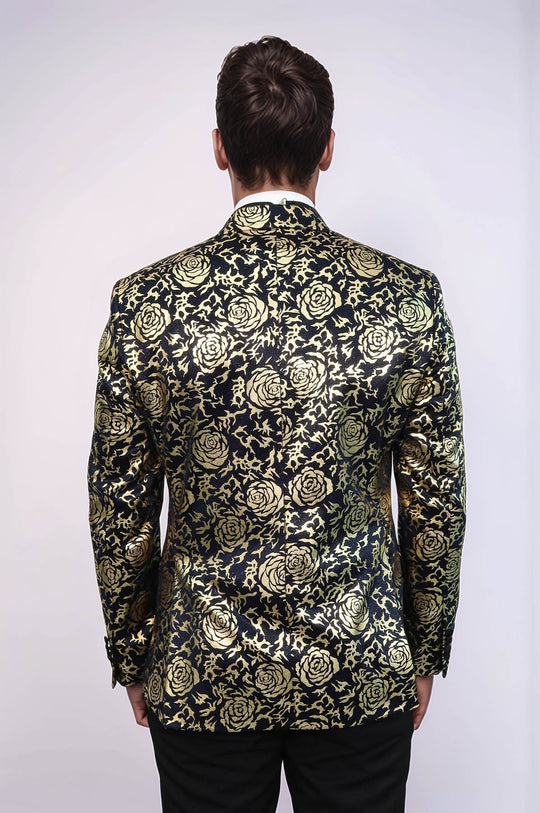 Men’s Midnight Navy & Gold Rose Patterned Slim Fit Luxury Dinner Jacket