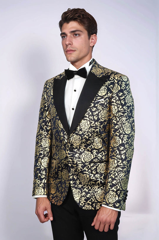 Men’s Midnight Navy & Gold Rose Patterned Slim Fit Luxury Dinner Jacket