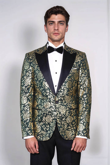 Men’s Emerald Green & Gold Rose Patterned Slim Fit Luxury Dinner Jacket