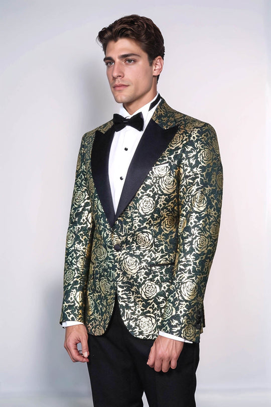 Men’s Emerald Green & Gold Rose Patterned Slim Fit Luxury Dinner Jacket