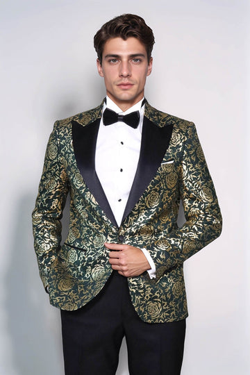 Men’s Emerald Green & Gold Rose Patterned Slim Fit Luxury Dinner Jacket