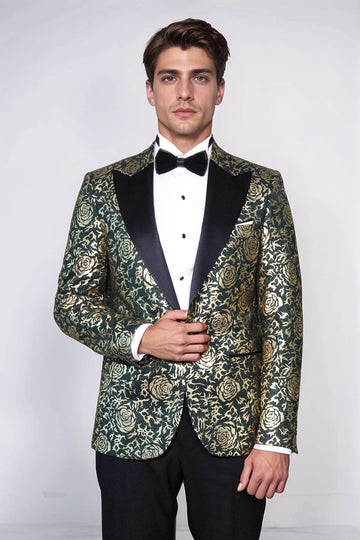 Men’s Emerald Green & Gold Rose Patterned Slim Fit Luxury Dinner Jacket