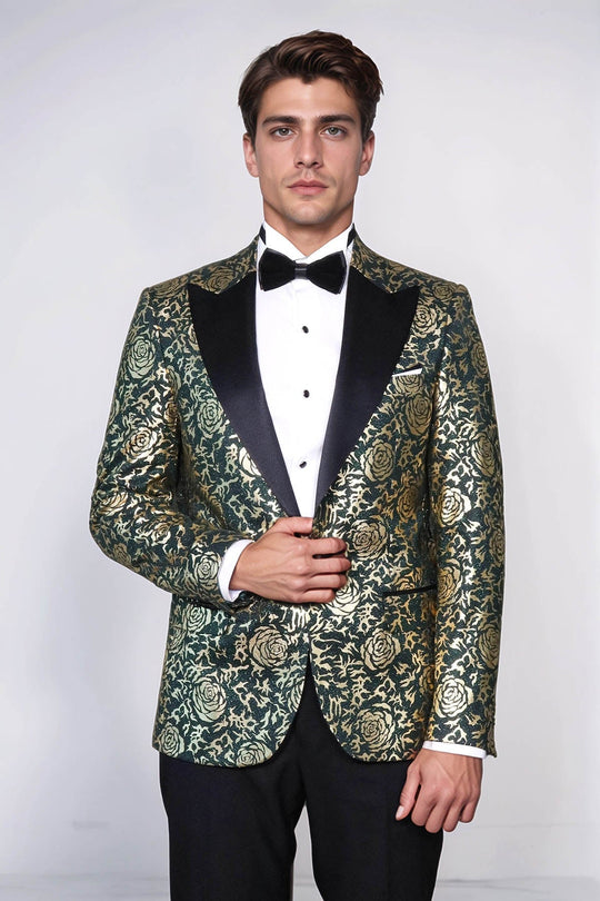 Men’s Emerald Green & Gold Rose Patterned Slim Fit Luxury Dinner Jacket