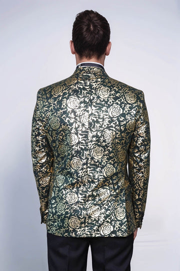 Men’s Emerald Green & Gold Rose Patterned Slim Fit Luxury Dinner Jacket